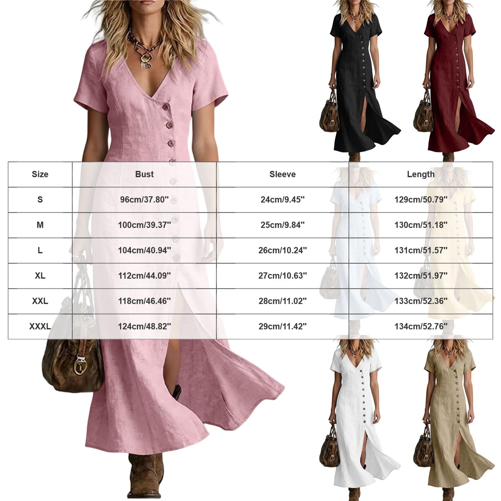 Vestidos Verano Mujer Cuello V Vestido Mujer Verano Casual Mangas Cortas Sueltos Vestido Largo con Botones Cintura Alta Ligero Cómodo y Transpirable Vestidos para Playa Vacaciones y Uso Diario