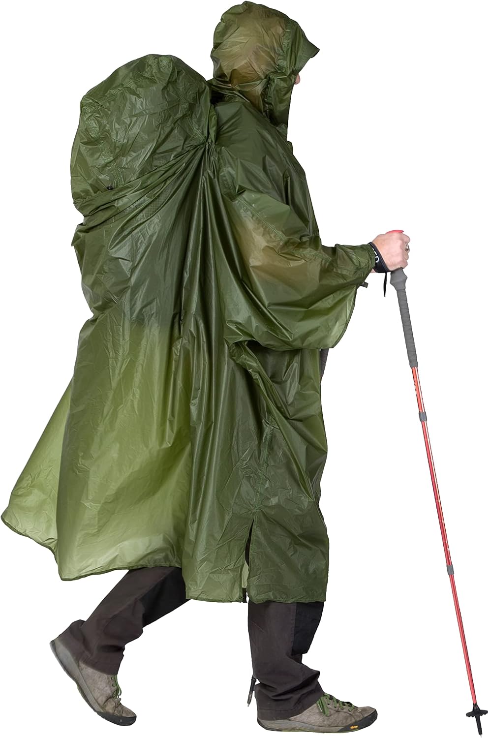 Man wearing the Exped Pack Poncho UL with a large backpack underneath, demonstrating how the poncho covers both the user and the pack.
