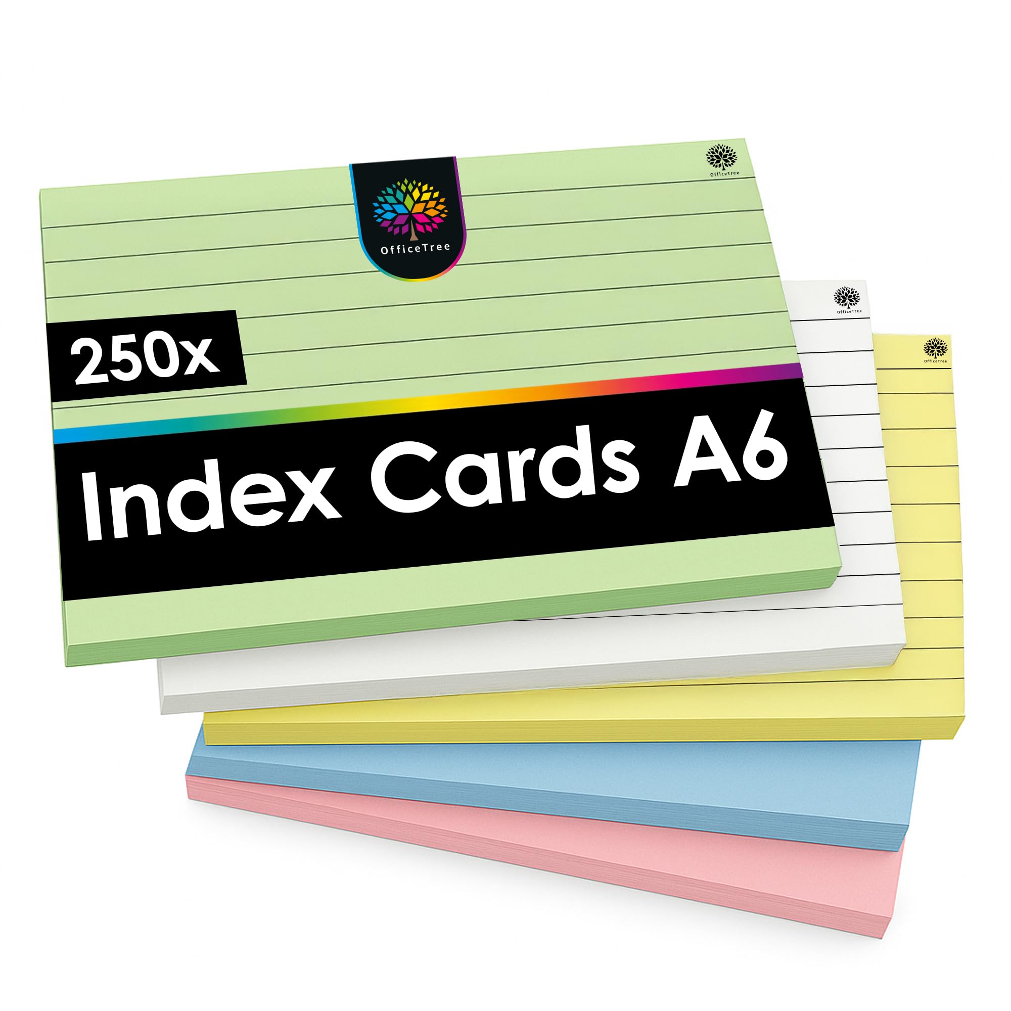 OfficeTree 250 x Flash Cards A6 - Lined 5 Colours - A6 Index Cards for School & Study - Study Cards Perfect for Notes & Organisation - Coloured Flashcards for Revision
