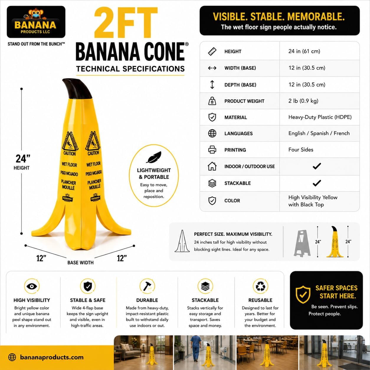 Banana Cone® 2ft Caution Wet Floor Safety Sign, High Visibility, Stackable, No Brainer!