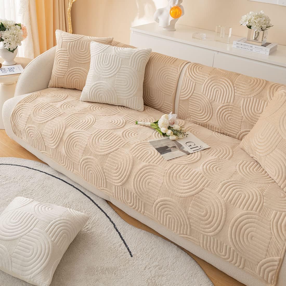 Soft Plush Geometric Quilted Couch Sofa Cover Boho Non Slip Fuzzy Sectional Couch Cover Solid Color Washable Sofa Slipcover Furniture Protector for Kids Dogs Cats (Coffee,43"x82")