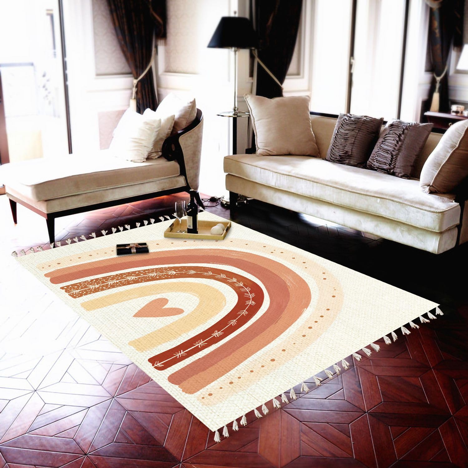 Scandinavian Boho Rainbow Print Nursery Rug Neutral Area Rug 4x6 Minimalist Kids Playroom Rugs Neutral Rugs Home Decor for Living Room, Bedroom, Patio