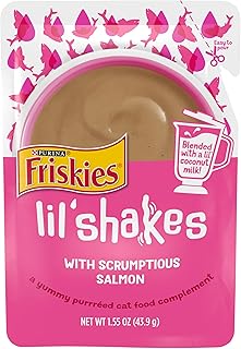 Purina Friskies Pureed Cat Food Topper, Lil’ Shakes With Scrumptious Salmon Lickable Cat Treats - (Pack of 16) 1.55 oz. Pouches