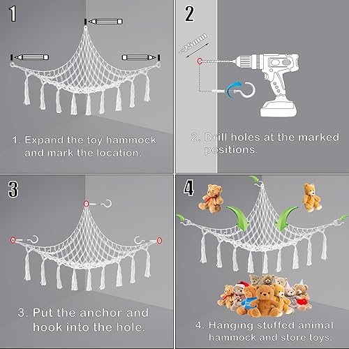 Miniatura 5 de Red de animales de peluche o hamaca almacenamiento de red suave con tira de luces LED ganchos y borlas para animales de peluche y juguetes de