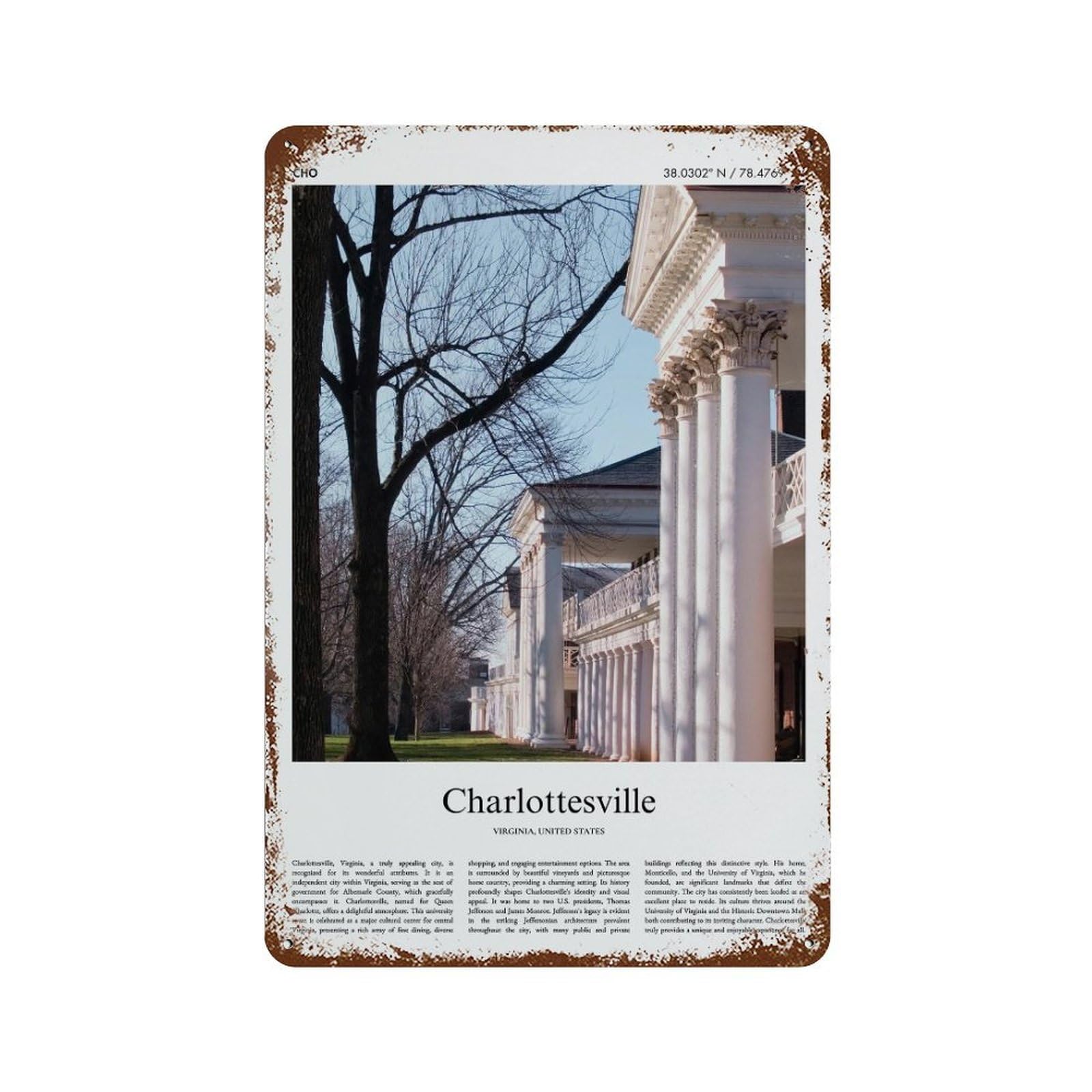 xiaoxiaoshen Charlottesville Virginia, United States, USA City Scenery Wall Decor Art Metal Tin Poster Modern Home Decor Art Home Bar Shop Decorations Vintage Sign 30x20cm