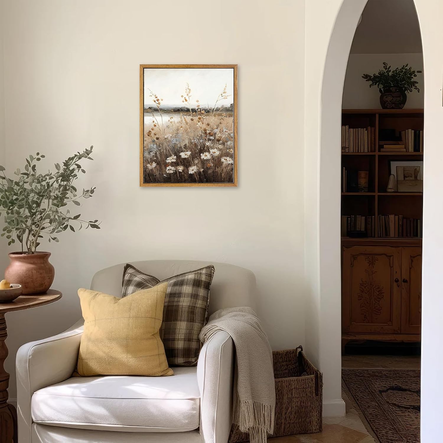 KBKBART Vintage Wall Art Framed, Retro Countryside Autumn Wildflower Field Landscape Canvas Painting Farmhouse Decor Wall Art, Rustic Fall Landscape Bathroom Wall Decor for Bedroom Living Room image 4