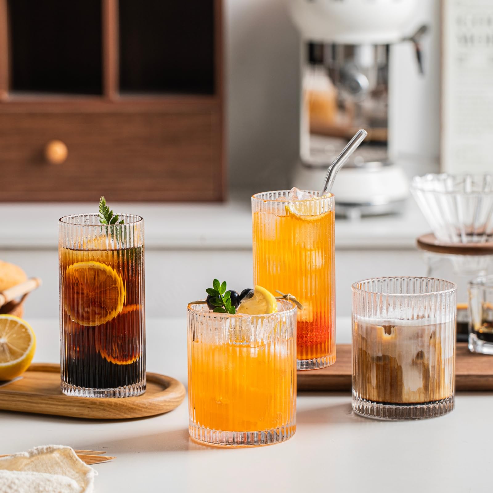 INSETLAN Set mit 8 Vintage-Glaswaren – 4 Highball-Gläser, 340 ml, 4 Rocks-Glasbecher, 400 ml, gerippte Glaswaren, Cocktailgläser, ideal für Wein, Saft, Wasser, Eiskaffeetasse, Whiskey, gemischte