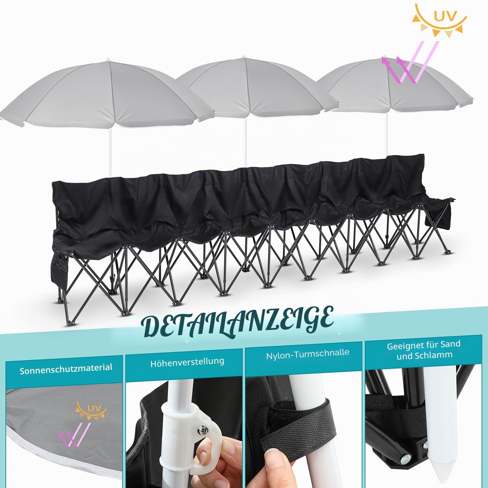 Cinnvoice Klappbare Fußballbank, tragbar, Team-Sport, Sideline, Teambank, Sitz mit Regenschirm, für Fußball, Camping, Reisen, Veranstaltungen, Outdoor-Sitzgelegenheiten mit Aufbewahrungstasche (9