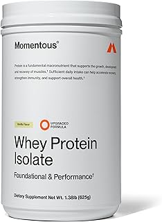 Momentous Essential - Proteína de suero en polvo alimentada con pasto – 0.71 oz de proteína aislada de suero – Certificado NSF para deporte – Sin gluten – 25 porciones para uso diario esencial – Vainilla – El paquete puede variar