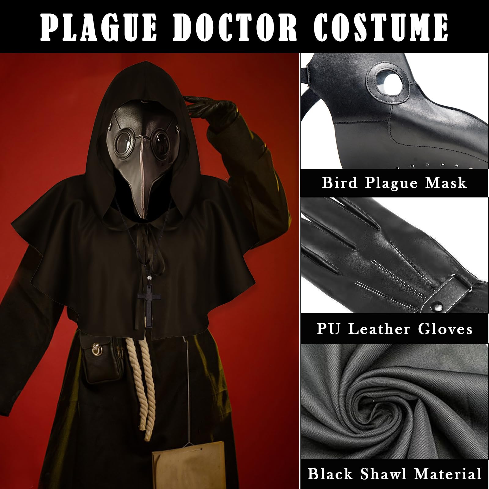 Medico Della Peste Costume Maschera Medico Della Peste Halloween Cosplay Uomo Steampunk Maschera Dottore Della Peste Crocifisso Collana Legno Pelle Guanti Mantello con Cappuccio per Carnevale Festa
