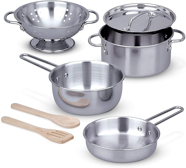 Melissa & Doug Kids Pots and Pans Playset & Role Play Kitchen Accessories for Kids Play Kitchen & Food Toys | Kitchen Playset for Kids Toy Kitchen Accessories for Girls or Boys Age 3, 4, 5, 6, 7, 8