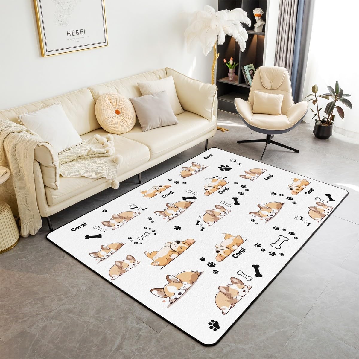 Castle Fairy Cartoon Dig Kids Area Rug 3'x5' Cute Corgi Black Paw Print Graffiti Non Slip Rug for Boys Girls Teens Watercolor Puppy Animal Hippie Indoor Floor Mat for Bedroom