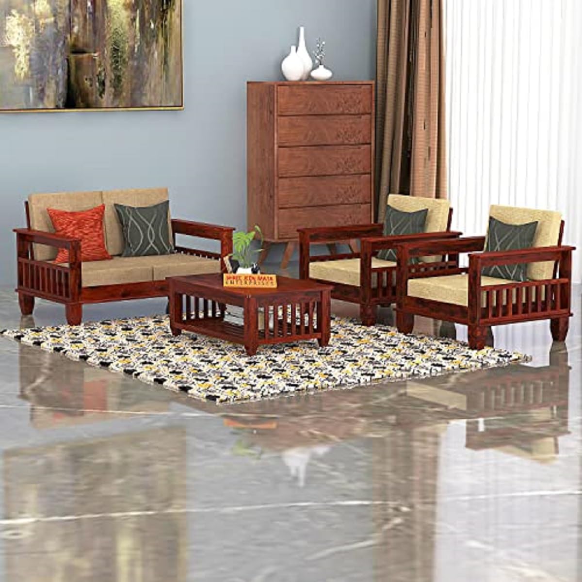 Jeen Wood Solid Sheesham Wood Sofa Set Wooden 4 Seater Sofa Set (2+1+1) 4 Seater Sofa Set with Cushions Home and Office Furniture Wooden Sofa Set for Living Room (Brown Finish)-picture-11