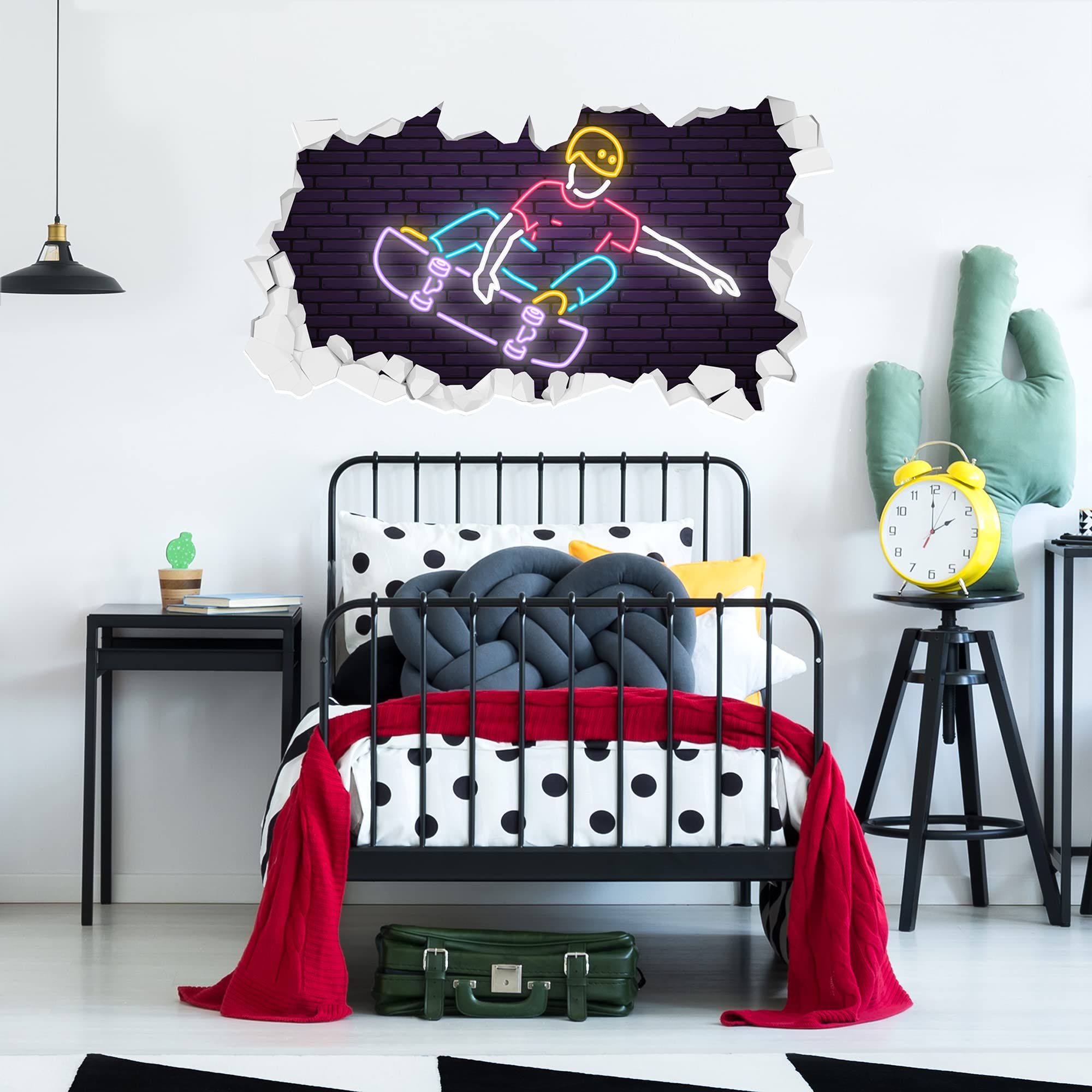 Neon Skateboard Broken Wall Sticker Decal Home Art Bedroom Skating Mural (120cm Width x 60cm Height)