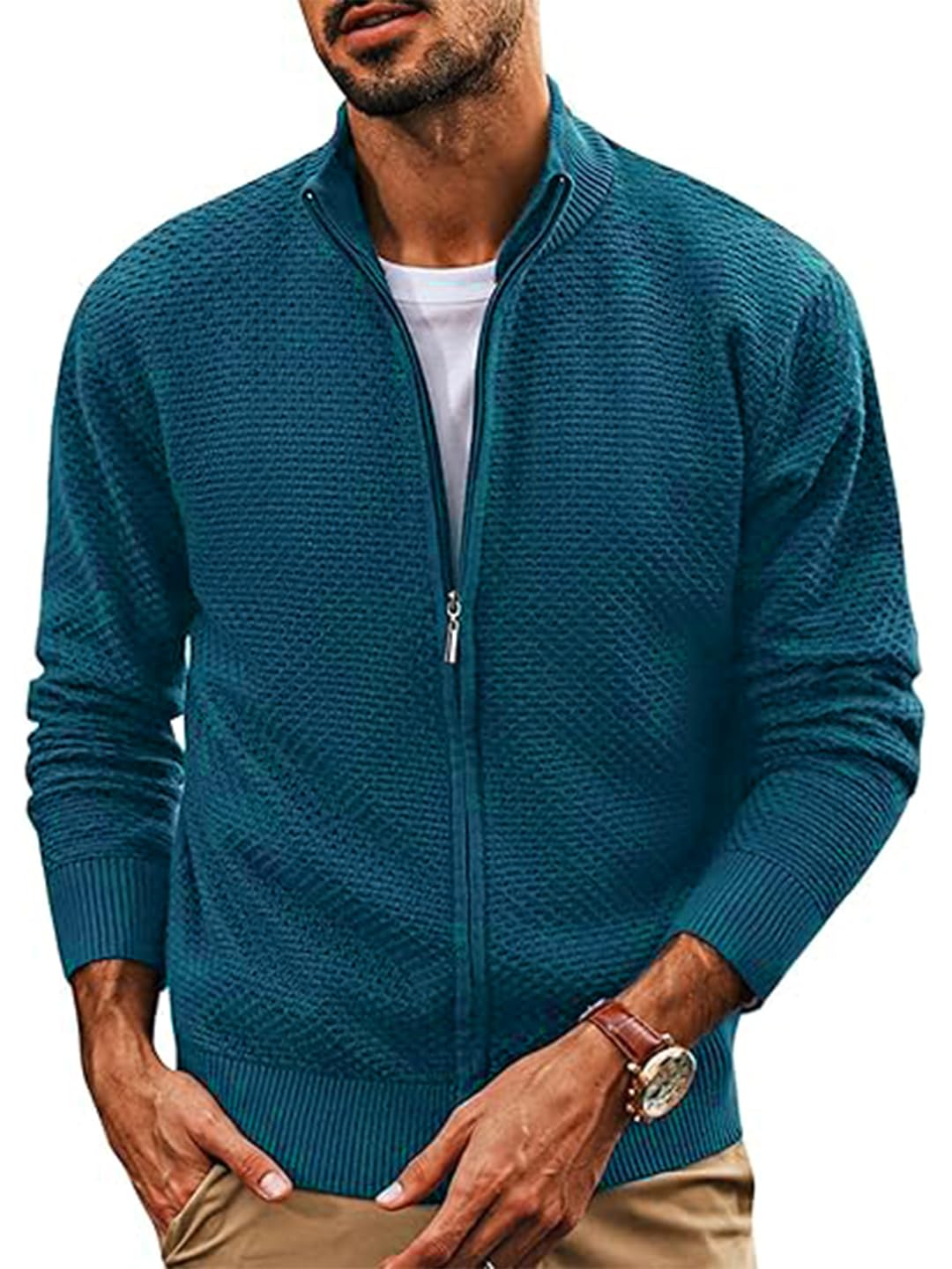 tysort Men's Woolen Full Sleeve High Neck Full Zipper Sweater for Men, Waffle Knitted Cardigan for Men-picture-7