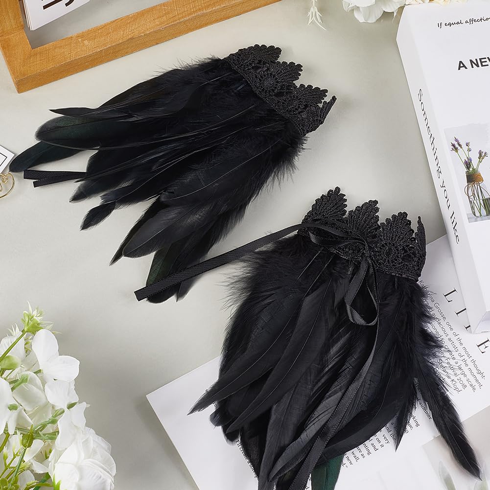 CABODYALS 1 Pair Black Lace Feather Gloves Novelty Wrist Cuff Gothic Floral Angel Wings Bracelet Mesh Wristband Swan Witch Arm Sleeve for Women Cosplay Halloween Party Performances Costume Accessories - Image 3