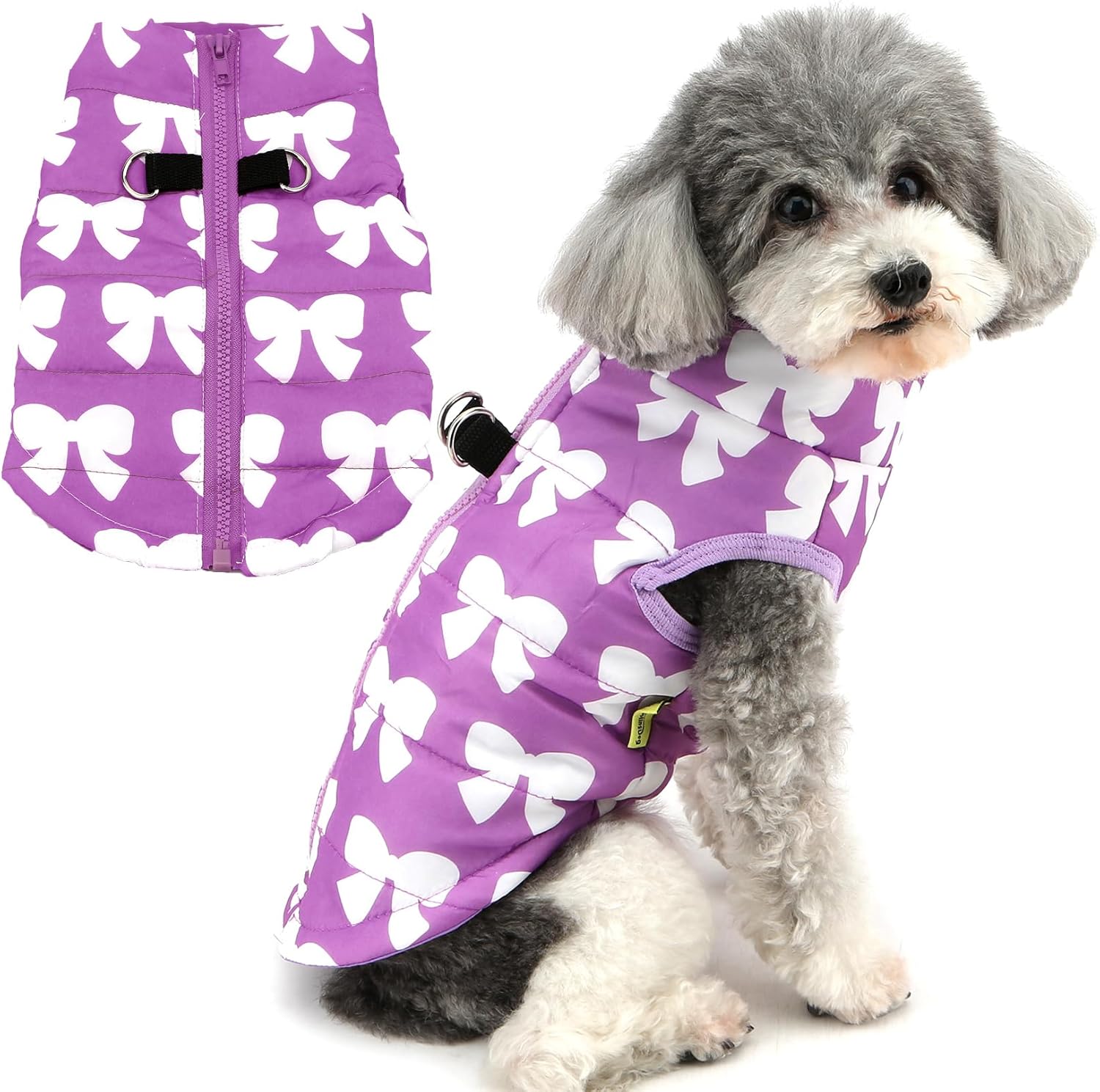 Zunea Winter Jackets for Small Dogs Waterproof Puppy Winter Coat with D-Ring Cute Bow Vest Harness Clothing Cold Weather Zip Pet Cats Clothing for Chihuahua Purple M