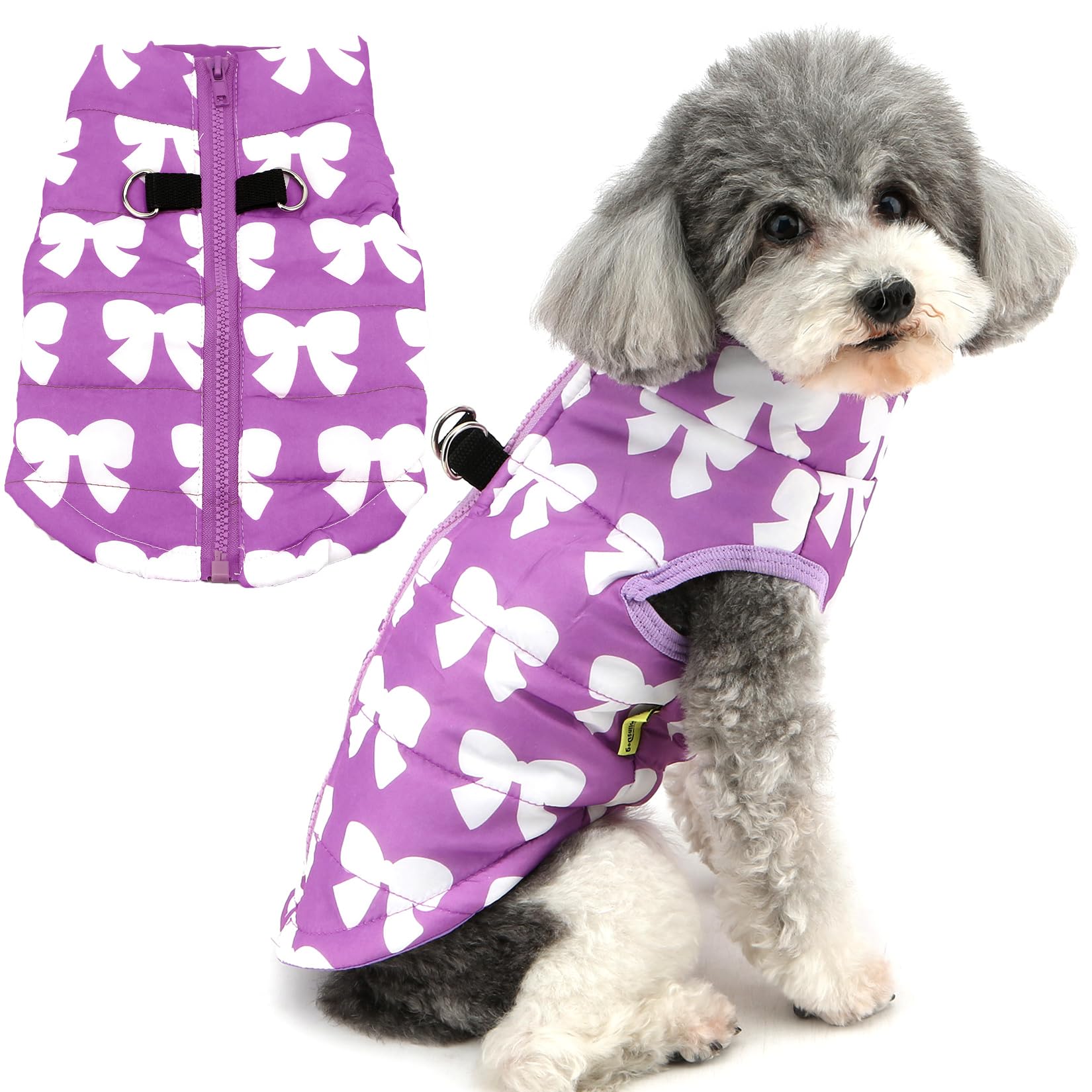 Zunea Small Dog Winter Coats Waterproof Puppy Harness Jackets with D-Ring Cute Bowknot Dogs Zipper Vest Clothes XS/S Size Breed Cold Weather Pet Jacket Chihuahua Yorkie Apparel (purple bow, S) — image 1