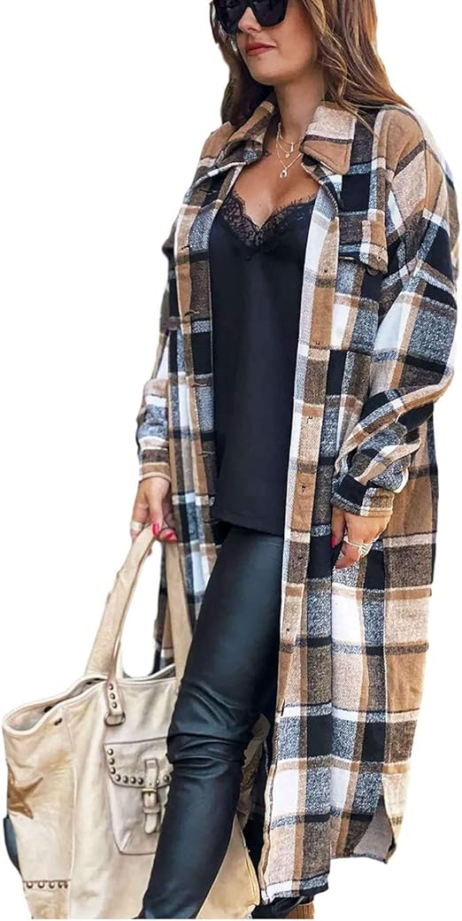 SeekMe Women's Classic Long Plaid Flannel Shacket Jacket Long Sleeve Button Up Lounge Shirt 