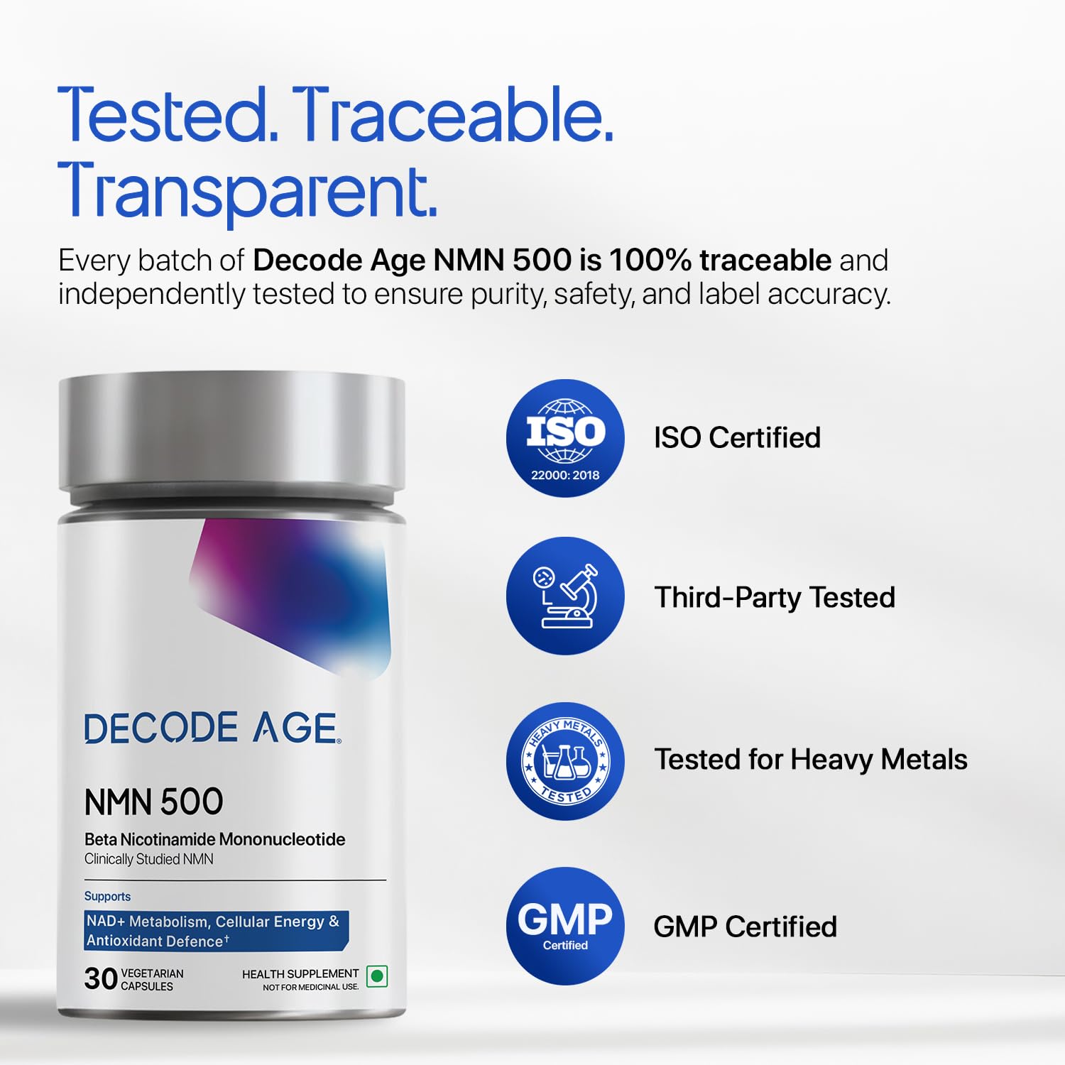 NMN Supplement 500mg | 99% Pure NMN for Anti-Aging, NAD+ Boost & Cellular Energy | High Absorption Nicotinamide Mononucleotide | Longevity & DNA Repair Support | Decode Age 4