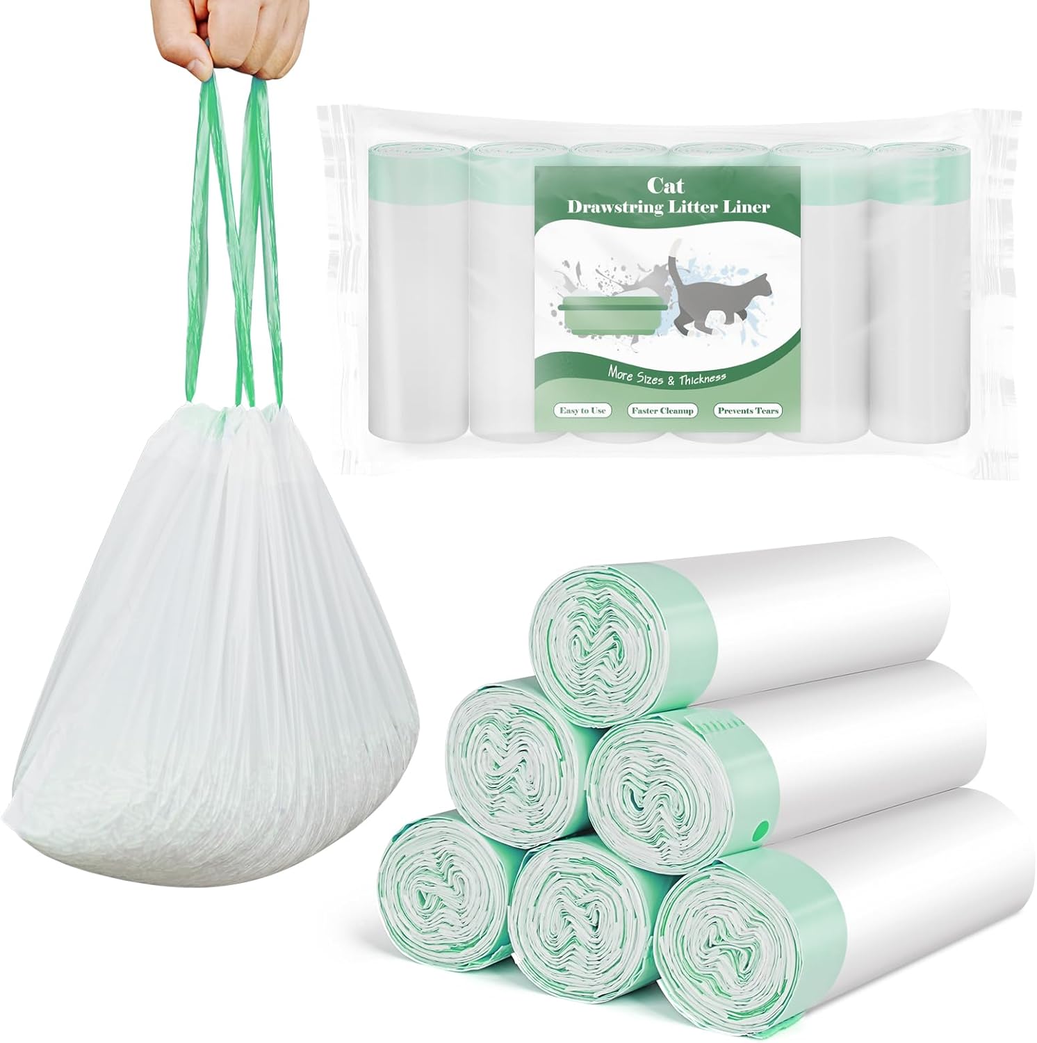 60-Pcs Cat Litter Box Liners for Drawstring Closure, Heavy Duty Leak-Proof, Tear-Resistant & Odor Control for Self-Cleaning Litter Boxes Fits(37"x17.7",Green) 10 Count (Pack of 6) Green
