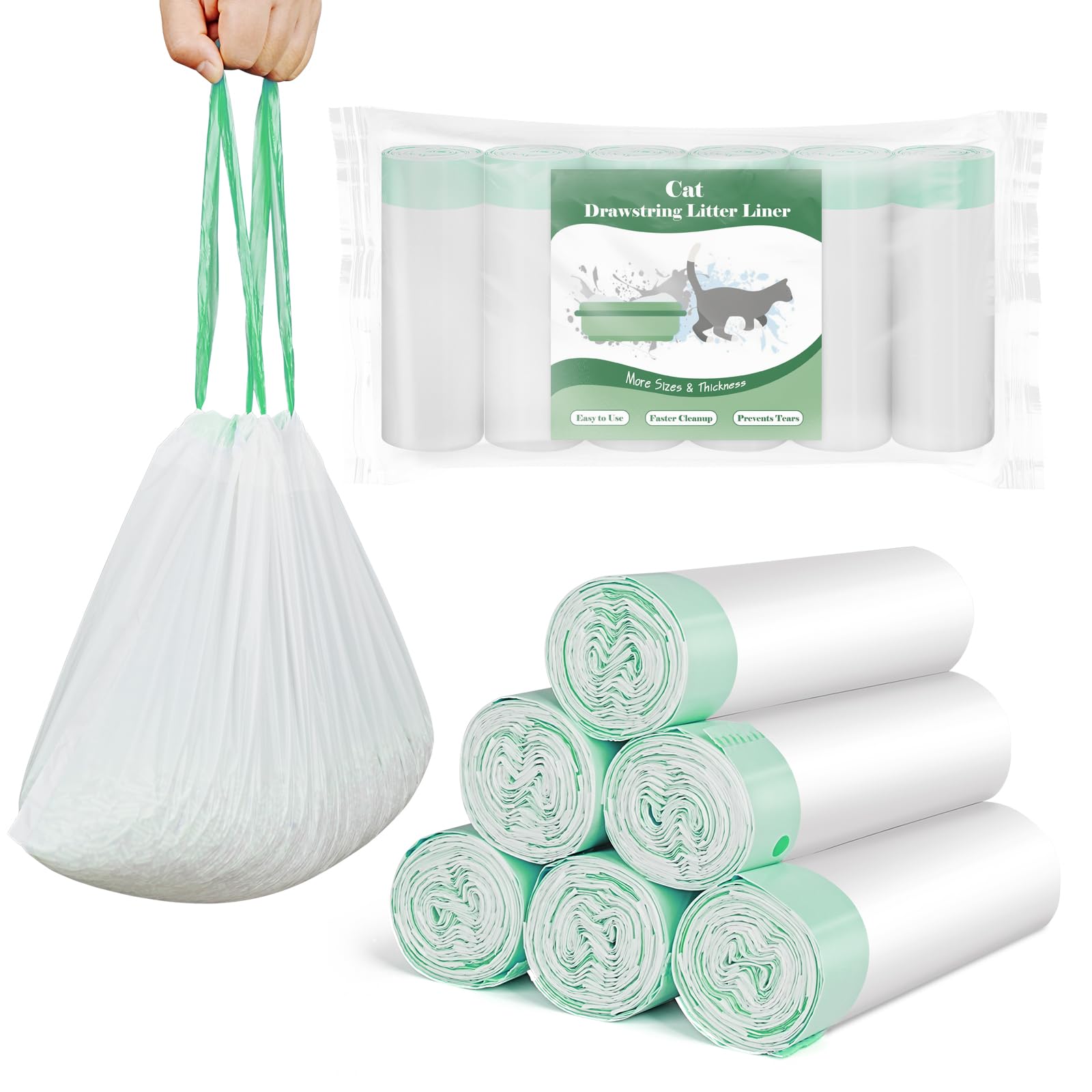 PETDREAM 60-Pcs Cat Litter Box Liners for Drawstring Closure, Heavy Duty Leak-Proof, Tear-Resistant & Odor Control for Self-Cleaning Litter Boxes Fits