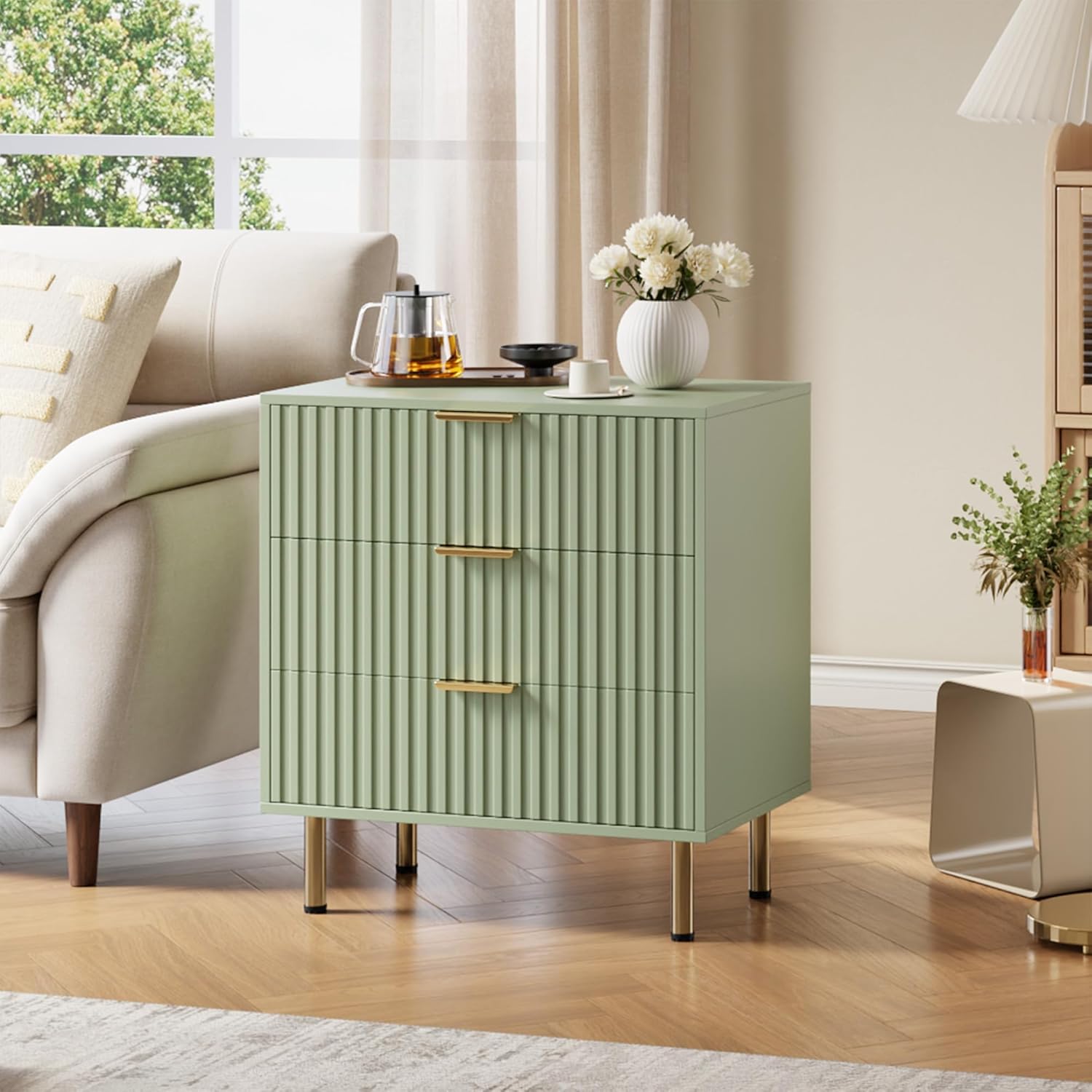Green 3 Drawer Dresser for Bedroom, Fluted Modern Nightstand with Deep Drawers, Chest of Drawers with Wide Top, Wooden Dresser Organizer, Side Table for Living Room, Hallway, Kids Room Green 15.7"D x 23.6"W x 27.5"H (3 Drawers)