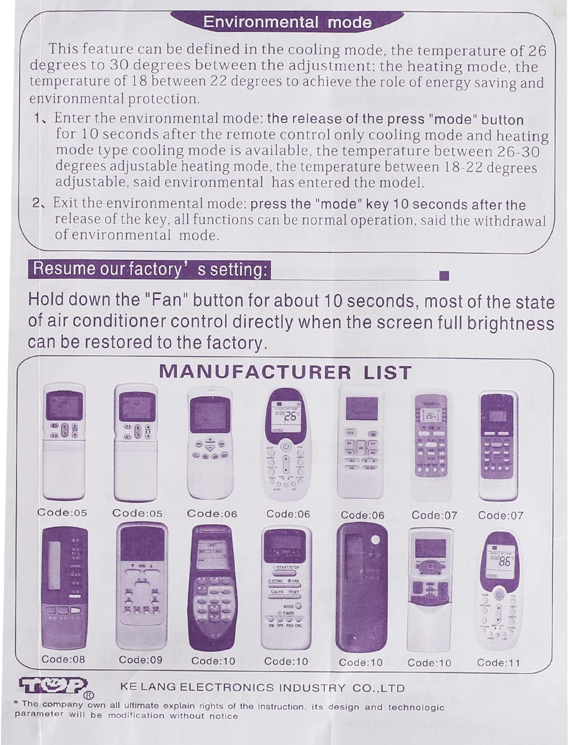 Excerpt from the original instruction manual, detailing environmental mode, factory reset instructions, and a list of compatible manufacturer remote models.