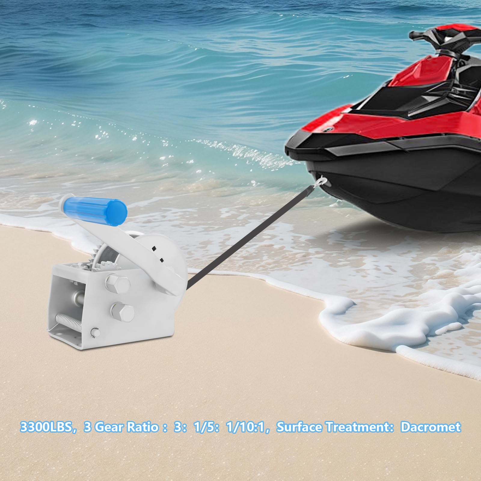 Cabrestante manual de 1500 kg de fuerza de tracción con 3 marchas y bloqueo | Dakromet Anticorrosión, Resistente al Desgaste Correa Manual Winche Handwinch Para Barcos Trailer Yate Remolque