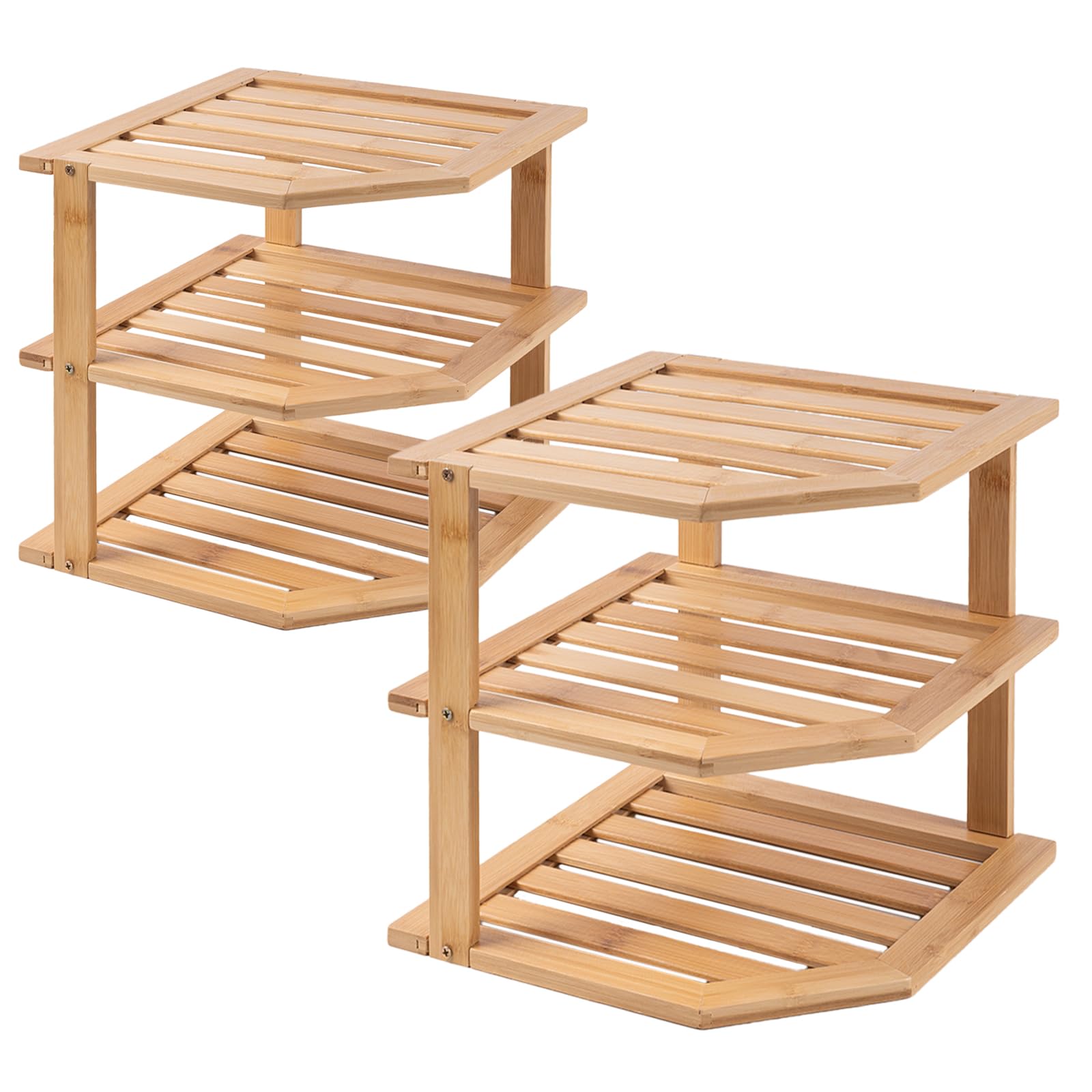 Fibogollo 3 Tier Bamboo Corner Shelf(2 pack),Dish Drying Rack,Plate Organizer,Kitchen Spice Rack for Countertop and Cabinet,Pantry Organization and Storage（Natural）