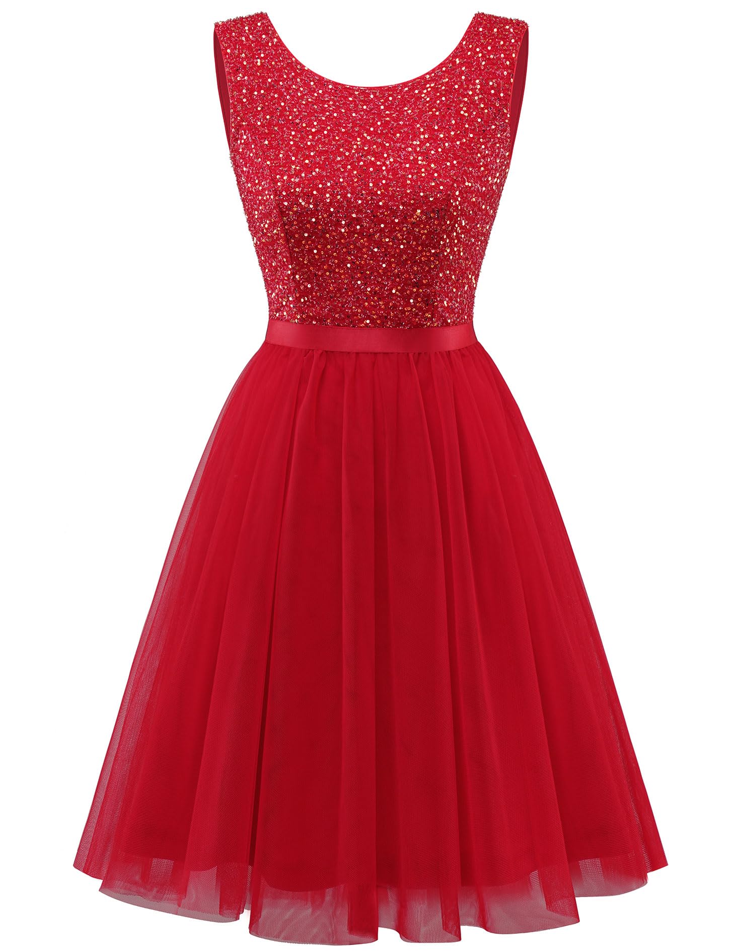 BeryLove Sequin Dress Vintage A Line Wedding Formal Swing Tulle Dress Sleeveless Cocktail Mini Dress