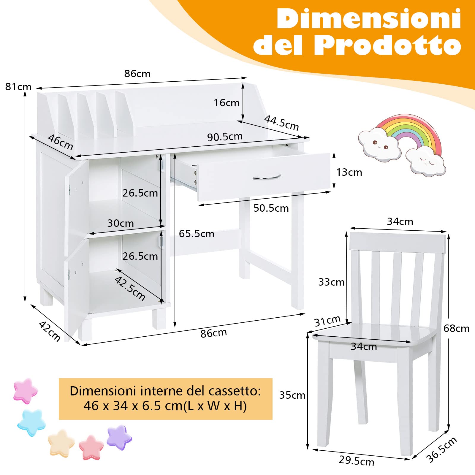 COSTWAY Set di Scrivania e Sedia per Bambini, Scrivania per Bambini con Cassetto e Armadietti, Ideale per Camera da Letto Sala Studio, 90,5 x 46 x 81 cm (bianco)