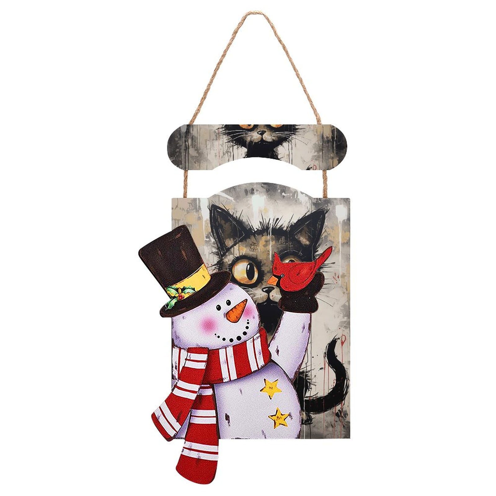 Suspension de Noël en bois originale avec bonhomme de neige et chat noir