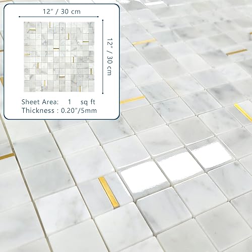 Miniatura 3 de The Tiles Plaza Azulejo de mosaico de piedra para despegar y pegar Mármol blanco de Carrara con azulejos autoadhesivos de metal dorado azulejos