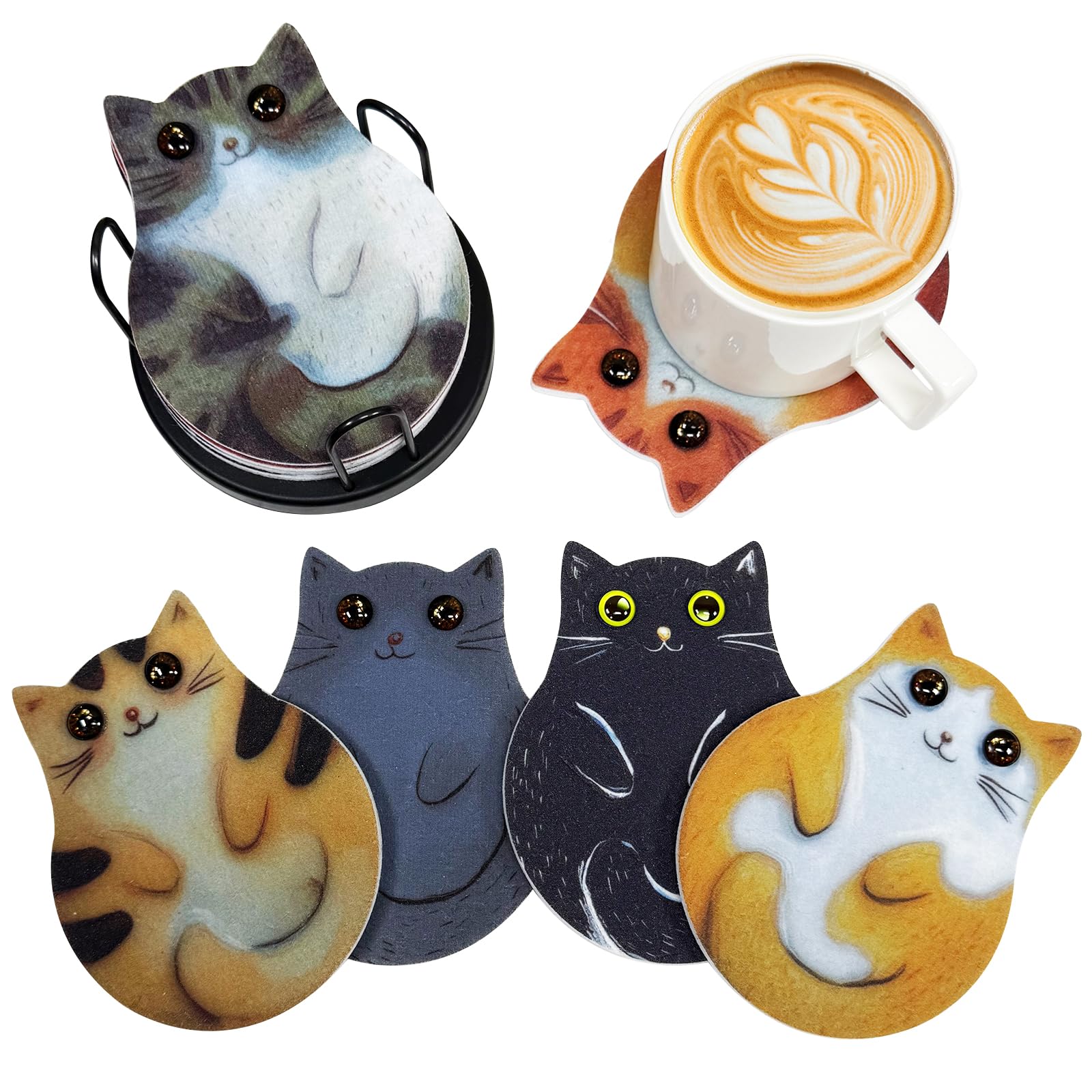 Rustic Cat Design Coasters, 6-Piece Absorbent Felt Drinks Mats with Holder, Non-Slip Kitten Placemats, Washable & Durable, Ideal Housewarming Gift