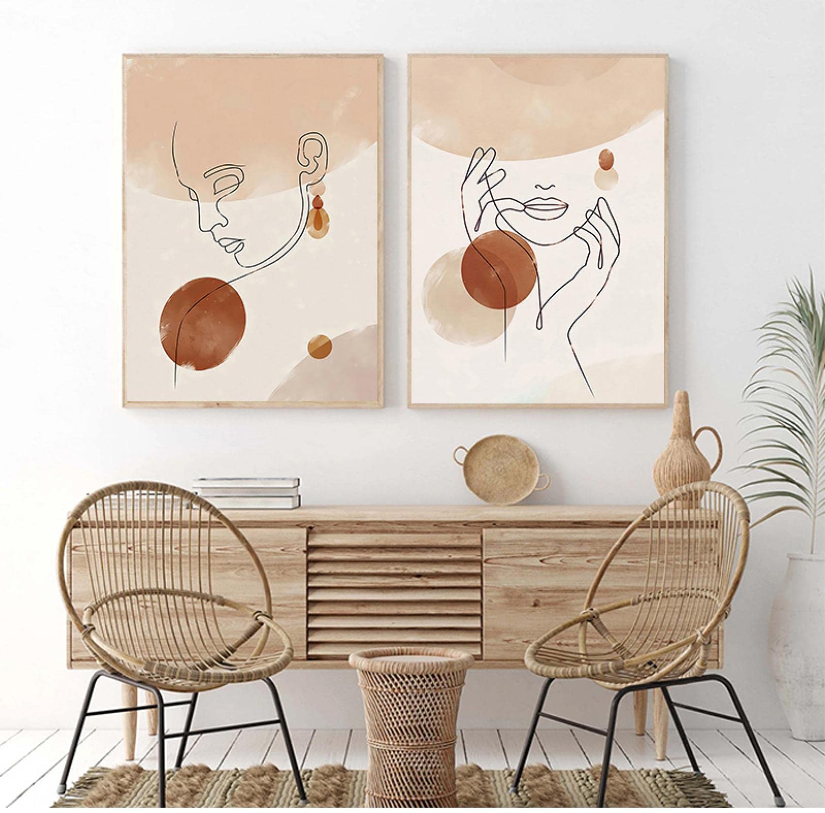 BIEMBI Mujer abstracta cara línea dibujo impresión Boho pared decoración terracota minimalista cartel pared arte lienzo pintura colgar cuadros 20x30cmx2 marco interno
