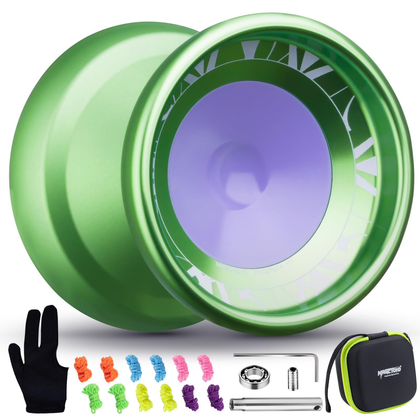 SHUNGRU Yoyo V11 Green, Unresponsive Yoyo for Adults & Responsive Yo yo for Kids, Practise Basic Finger Spin Trick, 12 YoYo Strings + Glove + Case Bag + Responsive Bearing Kit