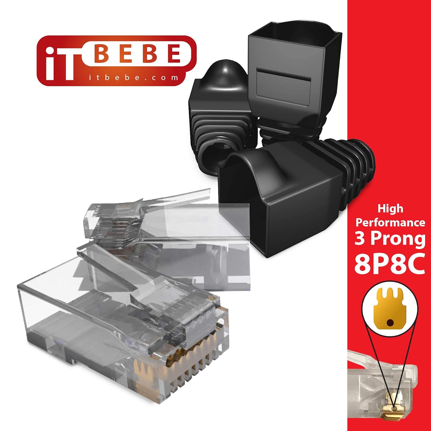 Buу 1 gеt 1 ITBEBE 100-Pieces Pass Through RJ45 Cat6 Connectors and 100-Pieces Black Strain Relief Boots for 24 AWG Cables