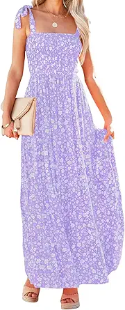 ZESICA Women's Boho Summer Floral Print Tie Straps Sleeveless Square Neck Smocked Flowy Ruffle A Line Maxi Dress