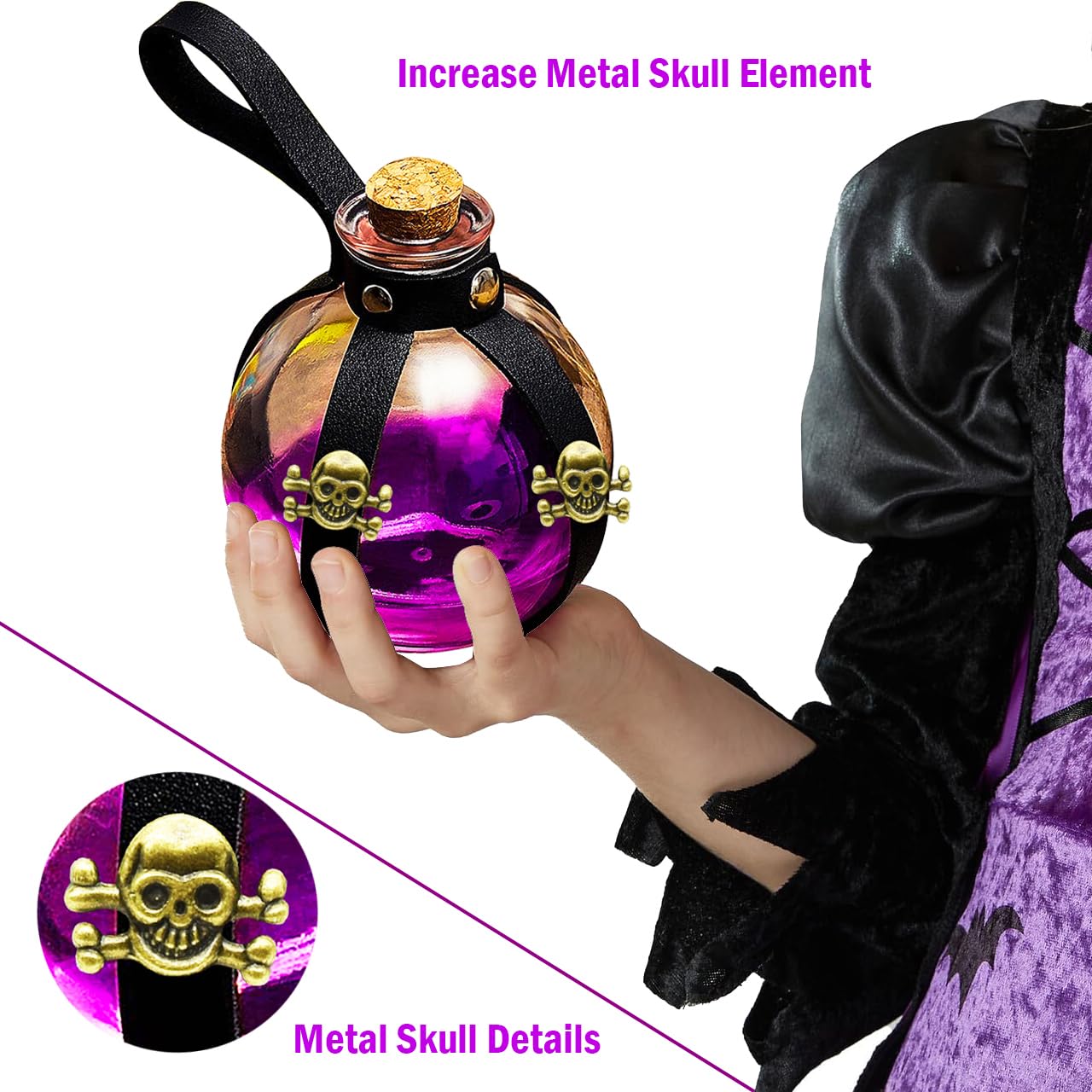 Botella de poción mágica oscura para cosplay, decoración de Halloween, accesorios de disfraz de mago negro y bruja, jarrón de botellas de vidrio con tapón de corcho, accesorios de lazo de cuero 5