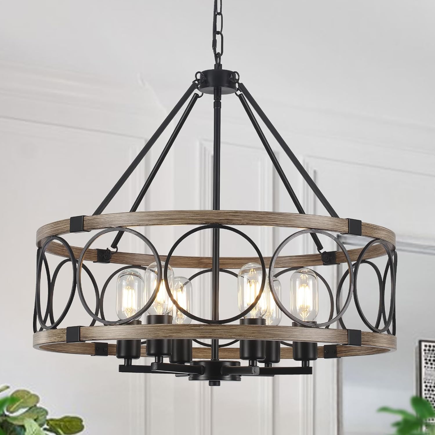 6-Light Farmhouse Chandelier for Dining Room,21'' Black Rustic Industrial Drum Chandeliers Imitation Wood Grain Pendant Light Fixture for Kitchen Island Entryway Foyer Bedroom Hallway,E26 Metal