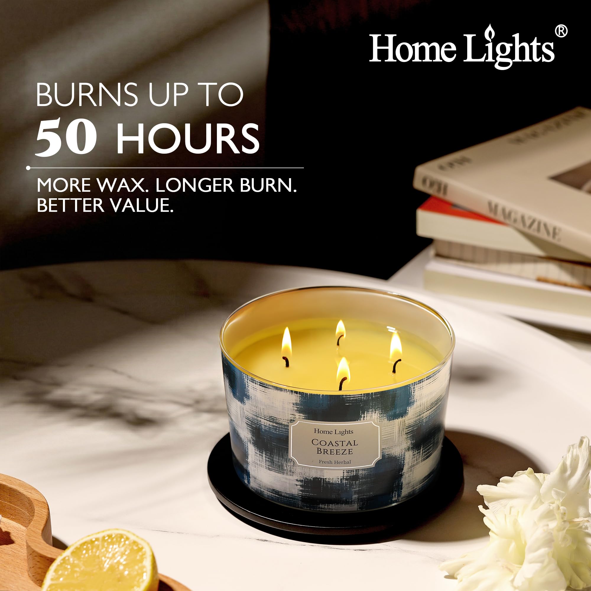 HomeLights Vela en frasco grande | Velas aromáticas de larga duración de 4 mechas, vela de cera de soja natural de 18oz con diseño minimalista escandinavo, Brisa Costera