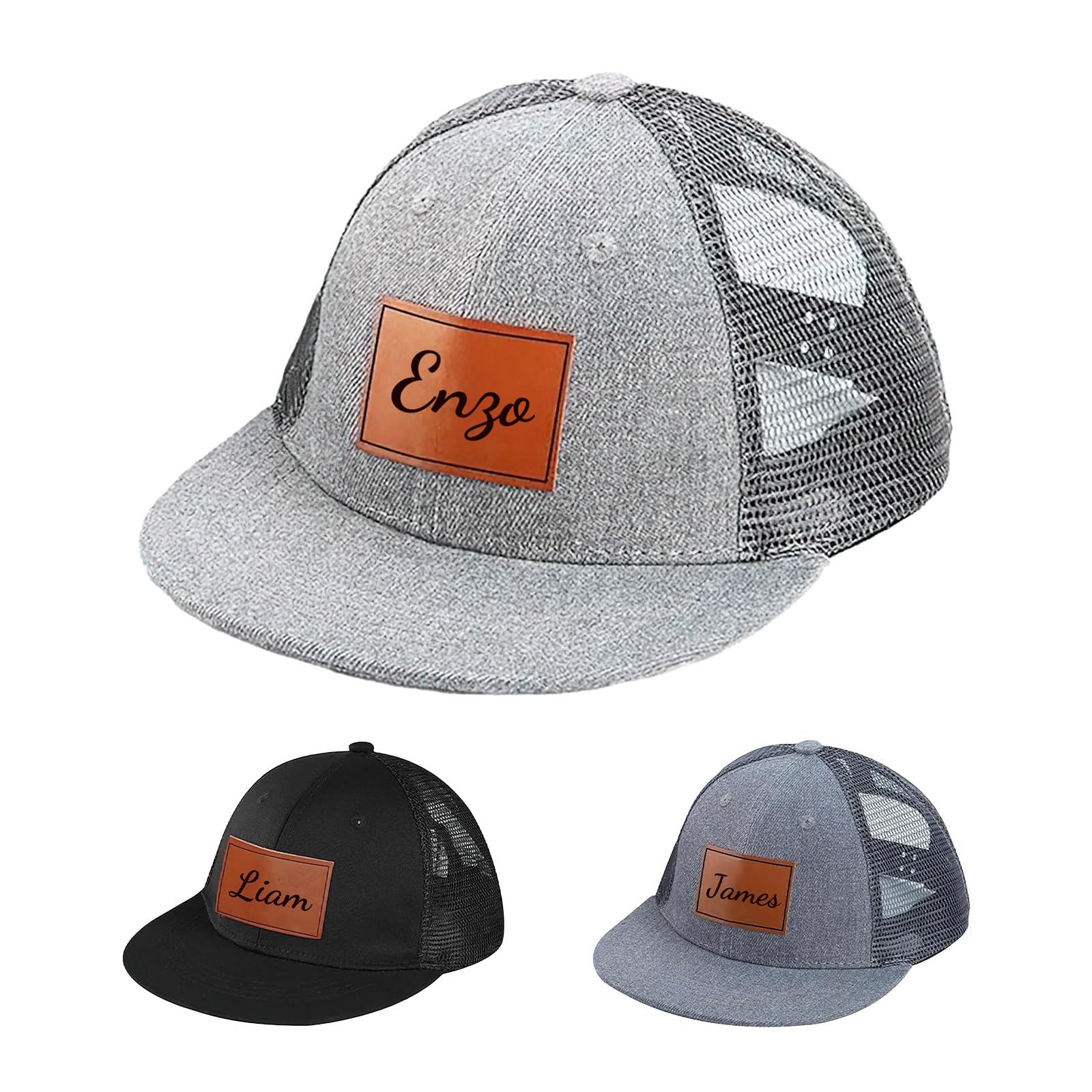 Rucekia Custom Name Boys Girls Baseball Hat, Personalized Light Grey Fitted Infant Baby Hats, Adjustable Snapback Mesh Truck Caps for Toddler, Kids, Teen and Adults