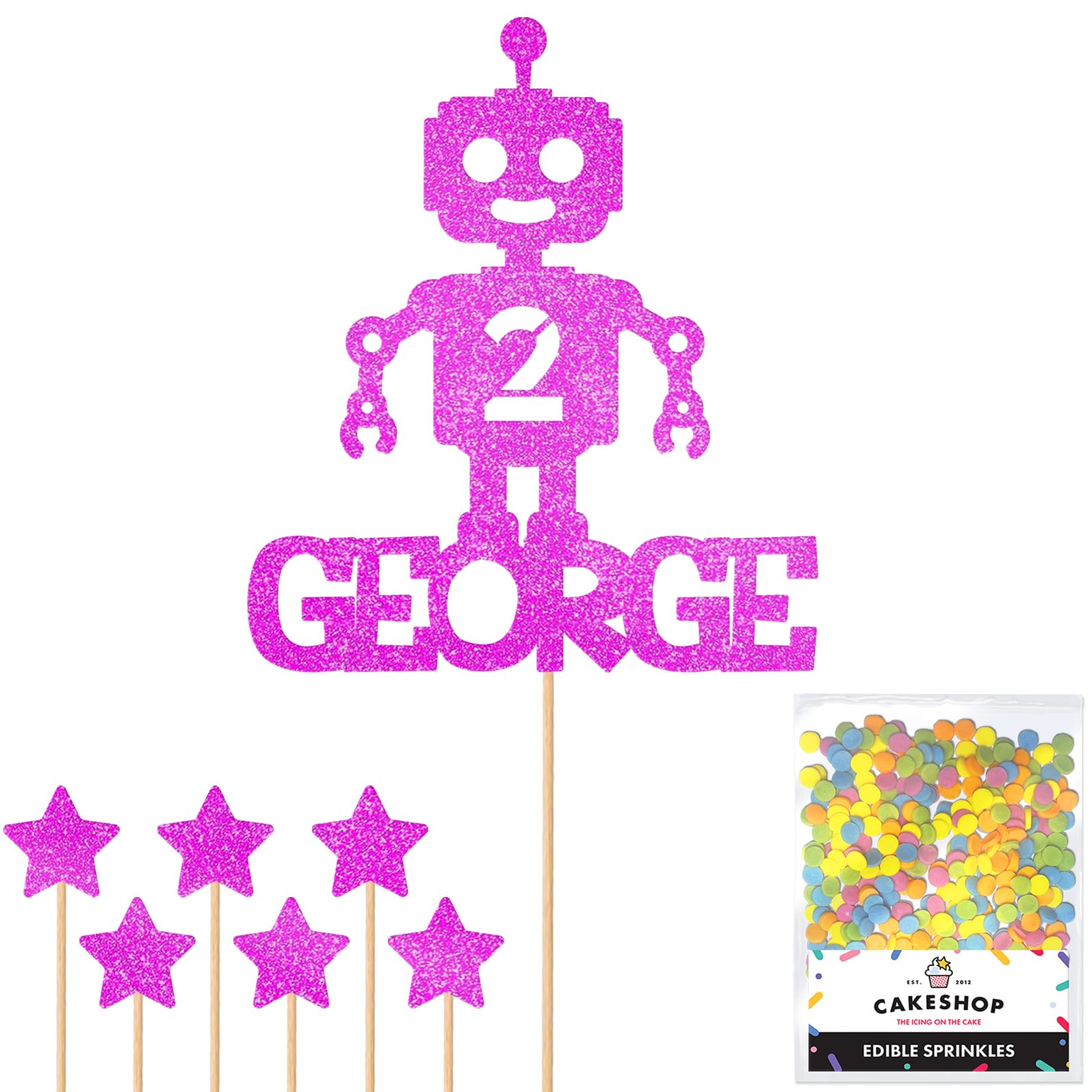 Personalised Birthday Space Robot Glitter Cake Topper- Pink Any Custom Age & Name Glitter Cake Decoration and Sprinkles - Happy Birthday Decorations - Personalised Toppers for Cakes by Cakeshop