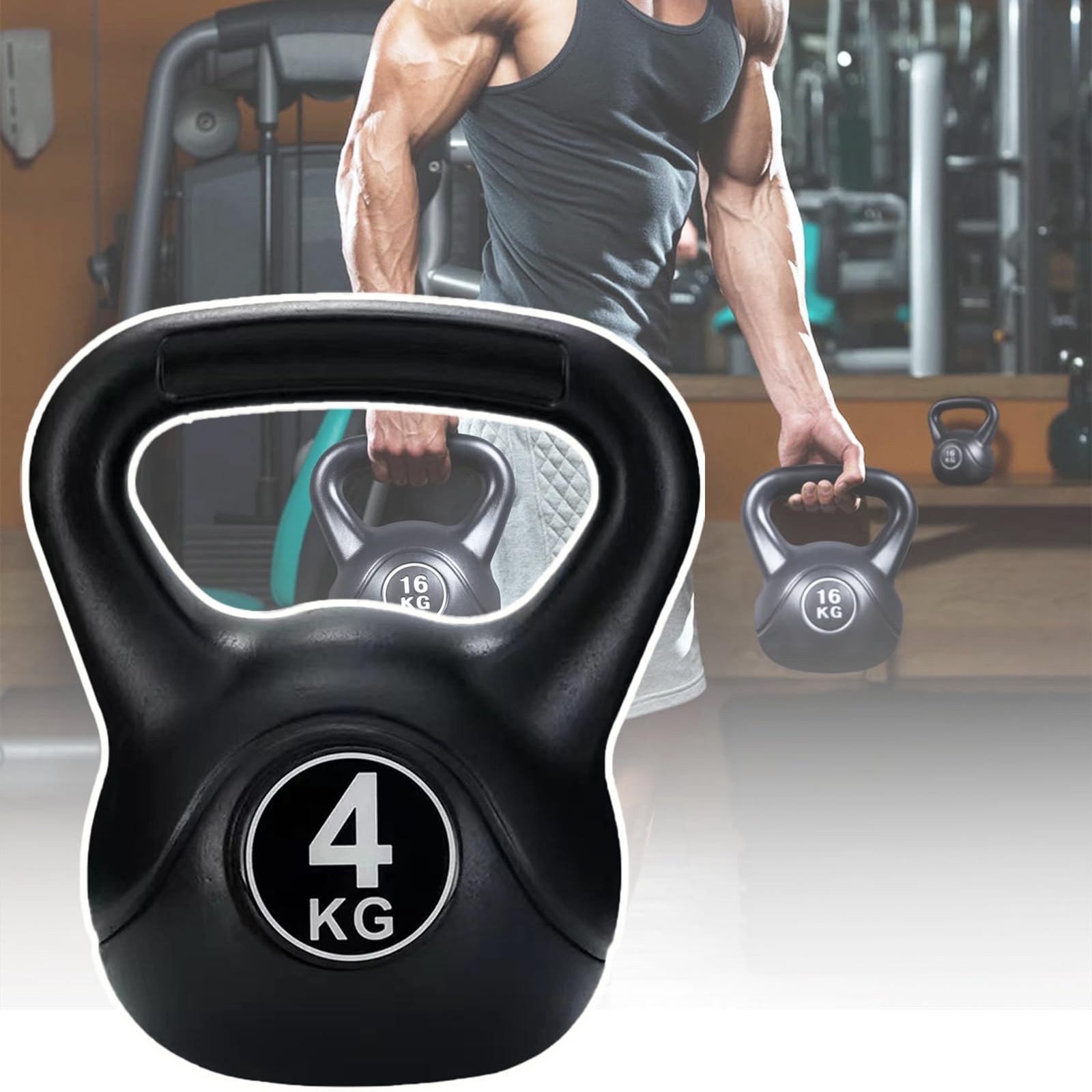 Kettlebell Poids Lourd, Kettlebell en Vinyle (4/6/8/10/12/14 Kg), PP + Ciment À Béton, Poignée/antidérapant en Forme d'arc, Résistant Aux Chutes + Forte Ténacité, Unisexe,4kg