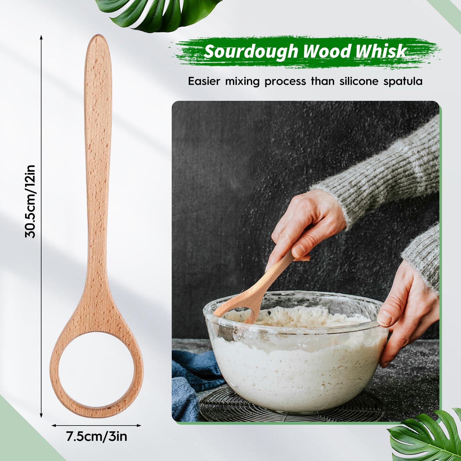 FoldTier Batidor de masa danés de madera de 12 pulgadas, batidor de masa madre para mezclar pan de masa madre, suministros para hornear, huevos, pizza (2 piezas)