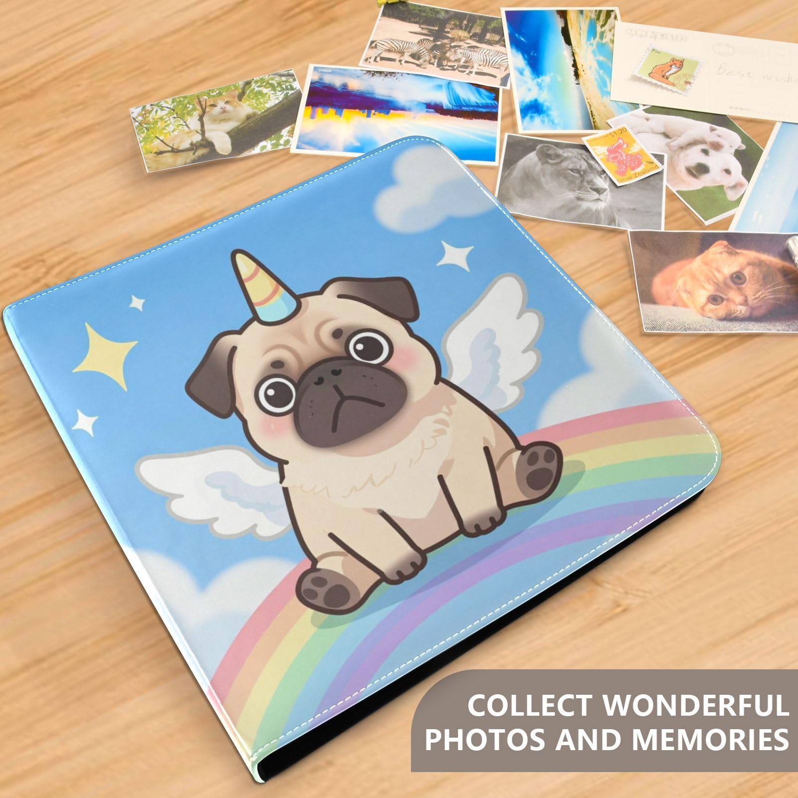 Mops pies z tęczowym albumem fotograficznym