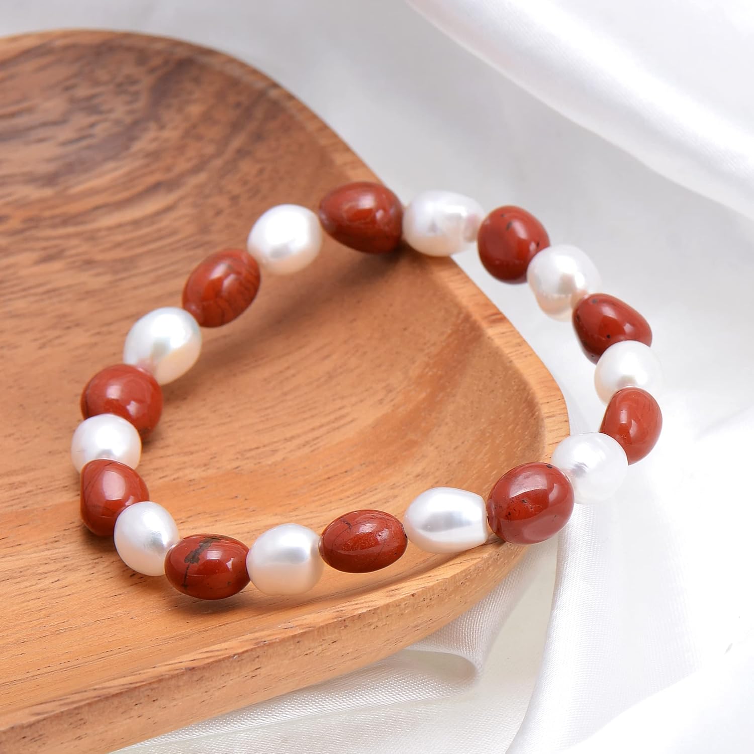 Joseph Brothers 8-9 MM Red Jasper Beads Mixed Cultured Baroque Pearls Stretch Bracelet 7 Inch - Image 3