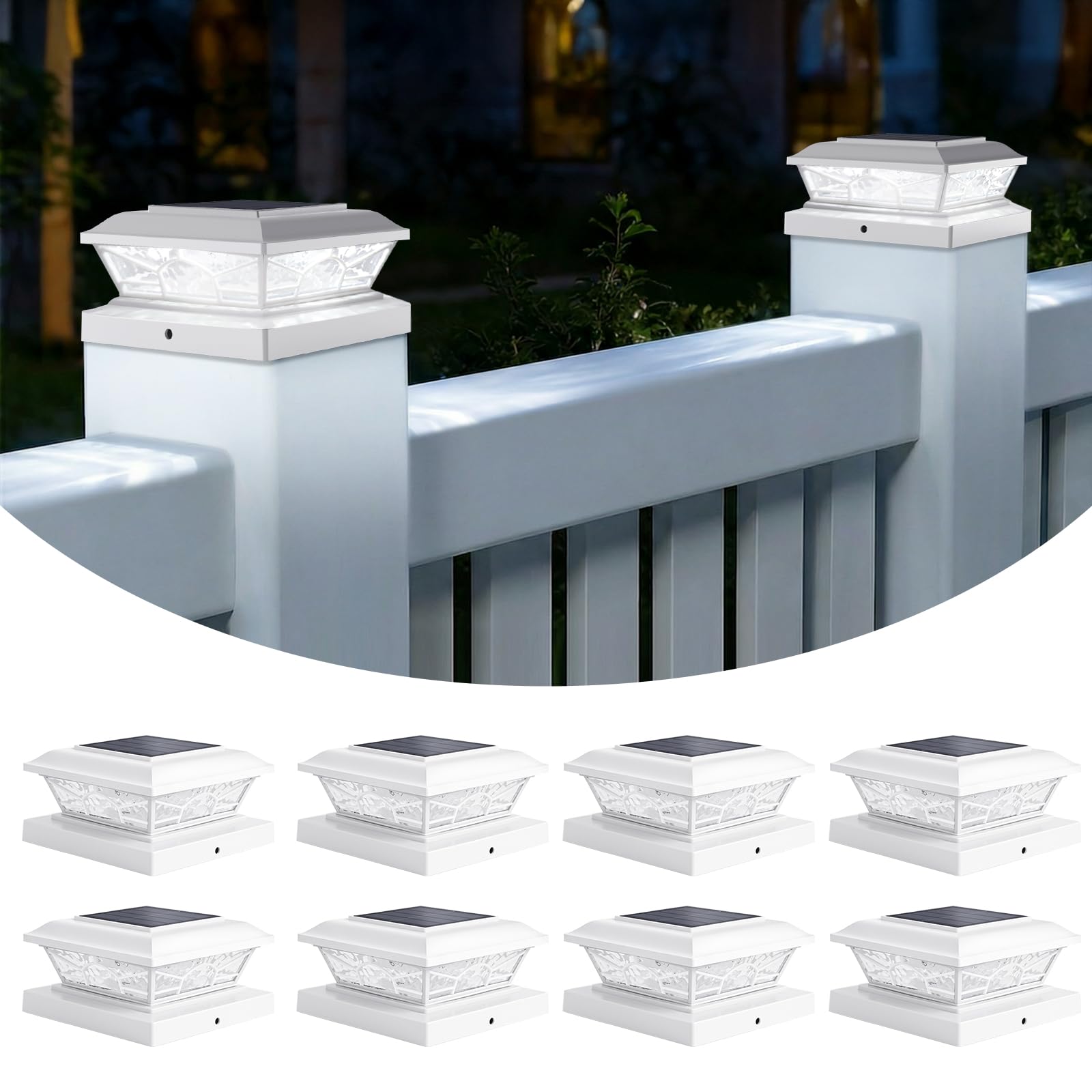 Photo 1 of ***ONLY 4**** Brightever 4x4 3.5x3.5 Solar Post Cap Lights, 8-Pack Outdoor Solar Powered Fence Post Lights Fit Vinyl/Wood Posts, 2 Modes(Warm/Cool Light), Solar Waterproof Deck Post Lights for Garden, Patio, White