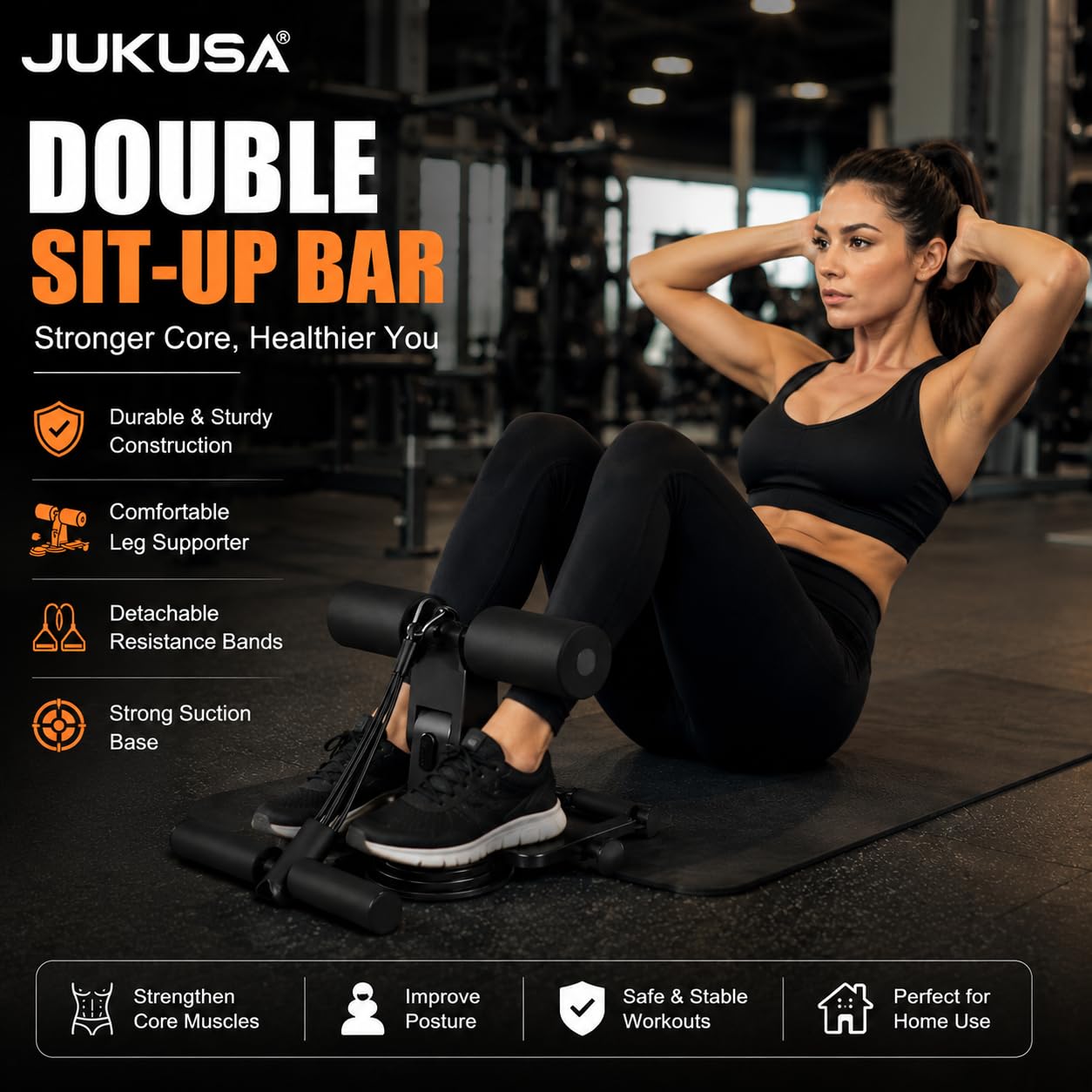 Jukusa Sit-ups Assistant at Home Working Out, Adjustable Sit-Up Bar Fitness Device for Abdominal Muscle Trainer Gym Equipment for Men & Women, Best for Weight Loss Thin Thigh (Black) 1